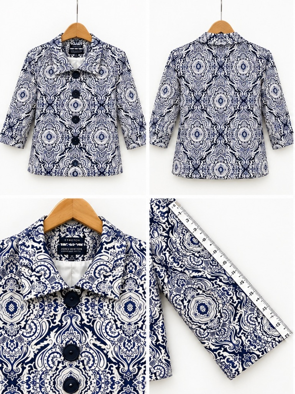 Jones New York Signature Petite 14P Navy White Damask Stretch Blazer Jacket
